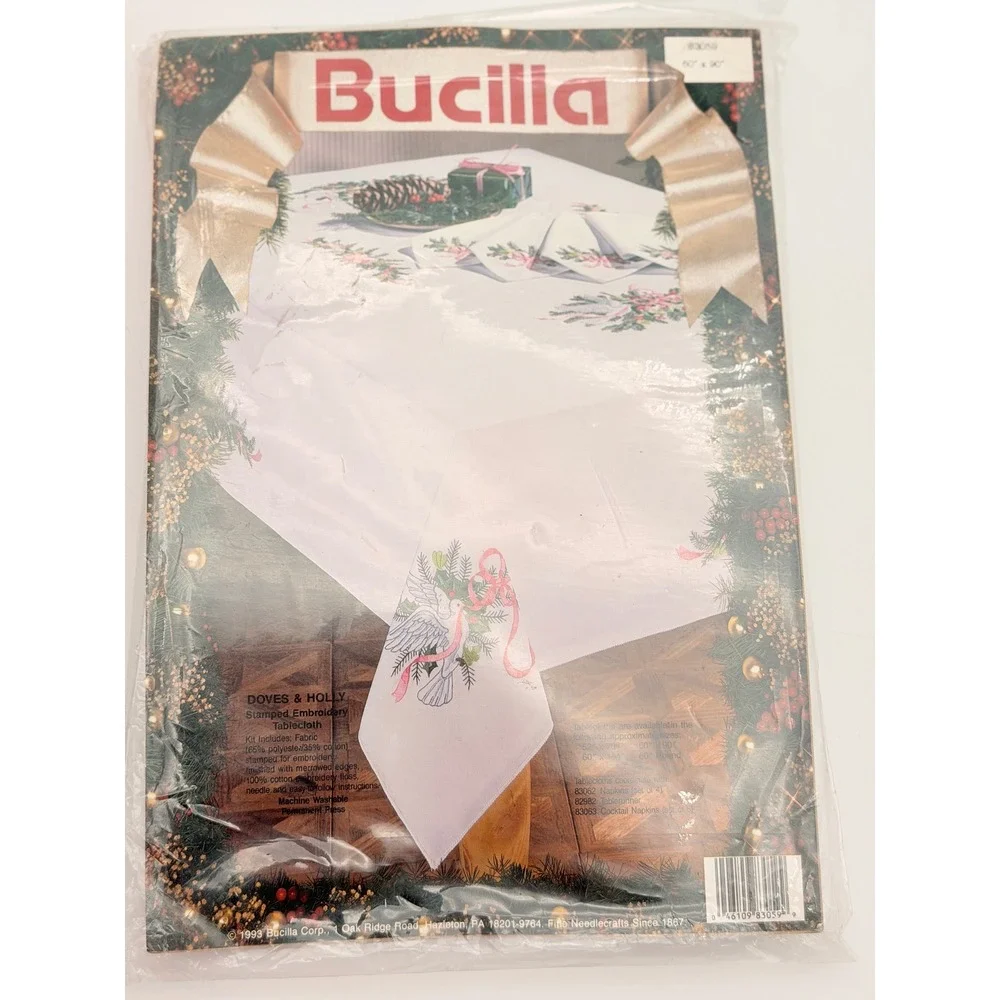 Bucilla Doves & Holly Stamped Embroidery Tablecloth Kit 60x90 Vintage 83059
